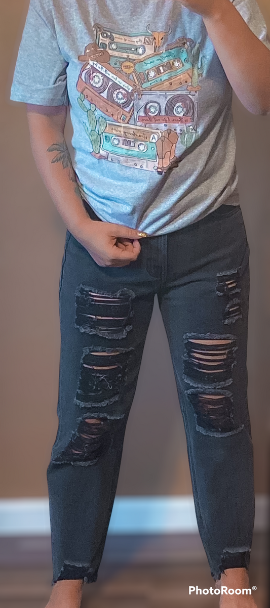 Lucky & Blessed Gray Wash Distressed Mom Jeans